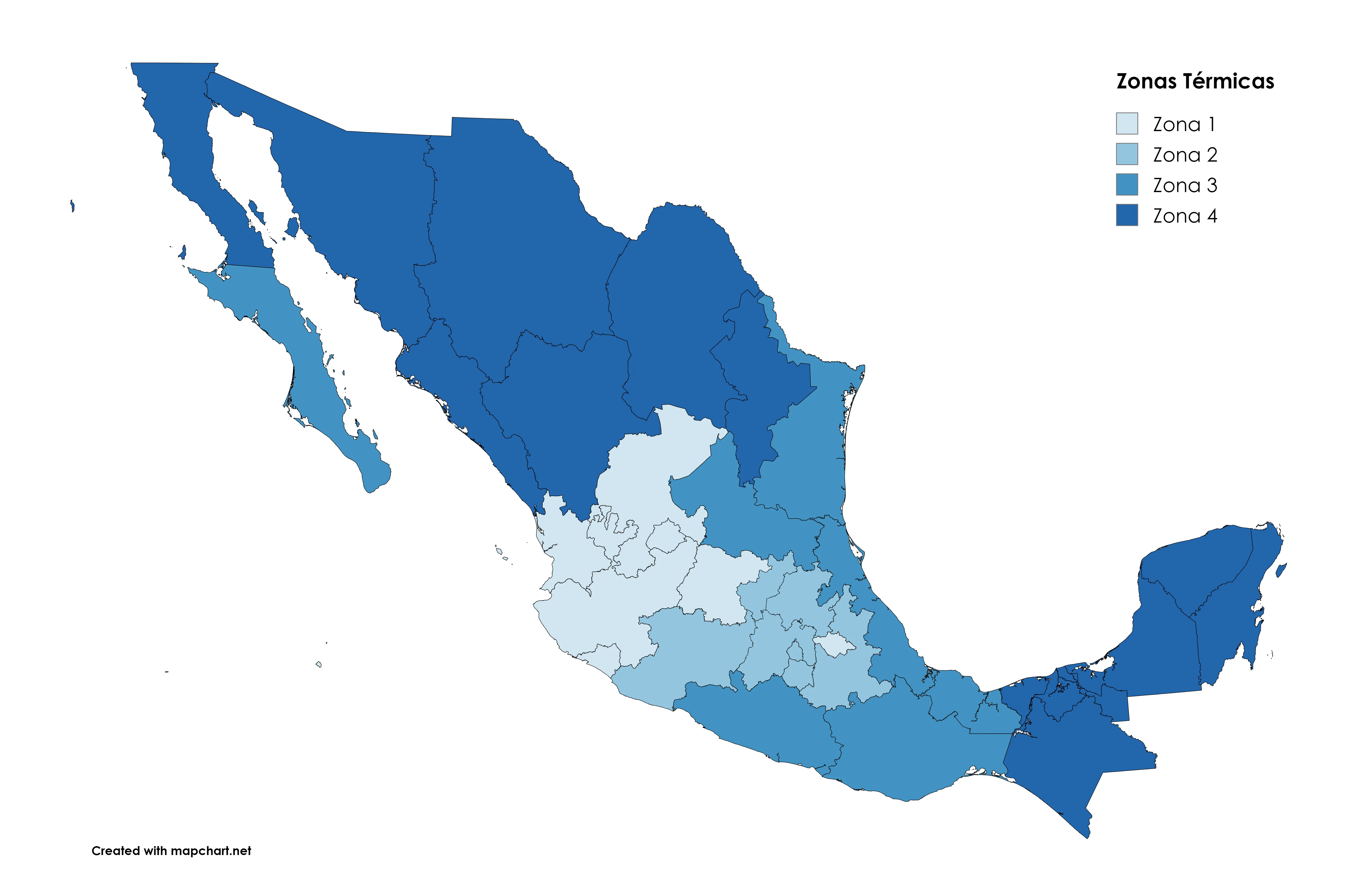 Mapa de México coloreado por zonas térmicas 1 a 4